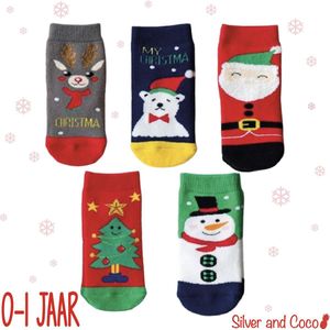SilverAndCoco® - 5 Paar Baby Kinder Kerstsokken 0 tot 1 Jaar / Vrolijke Happy Kerst Sokken Kerstman / Leuke Grappige Dikke Warme Huissokken Kerstcadeau kinderen / Wintersokken jongens meisjes Kleding Cadeautje Kind Sokjes