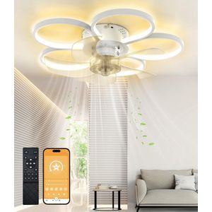 LuxiLamps - Krullen Ventilator - Smart Lamp - Moderne Kroonluchter Ventilator - Dimbaar Met Afstandsbediening & APP - Wit - 65W