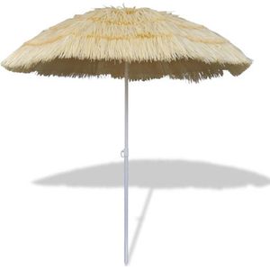 <p>Deze weerbestendige strandparasol heeft een diameter van ca. 1,8 m. De parasol heeft een kantelbaar ontwerp en een unieke uitstraling, waardoor hij ideaal is voor restaurants, strandtenten, strandbarren, maar ook in uw eigen achtertuin.</p>
<p>Het is zowel een decoratieve als functionele toevoeging aan zwembaden, hotels of wellness centres. De bovenkant bestaat uit vijf individuele matten die aan de metalen structuur zijn bevestigd. Aan het uiteinde zit de bovenkant van de parasol.</p>
<p>Het gepoedercoate stalen frame zorgt voor stabiliteit en geeft de strandparasol een mooie uitstraling. Het kwalitatief hoogwaardige parasoldoek en polyester voering maken dit product weerbestendig en duurzaam.</p>
<p>De parasol kan worden gekanteld, om op verschillende tijden voor schaduw te kunnen zorgen.</p>
<ul>
  <li>Afmetingen parasol: 180 cm (diameter)</li>
  <li>Hoogte: 185 cm</li>
  <li>Materiaal: stalen frame + PP doek</li>
  <li>Afwerking: gepoedercoat</li>
  <li>Met stok bestaande uit 2 delen</li>
  <li>Praktisch kantelbaar ontwerp</li>
  <li>Met duurzaam doek</li>
  <li>Hawaii-stijl</li>
  <li>Materiaal: Polyester: 100%</li>
</ul>