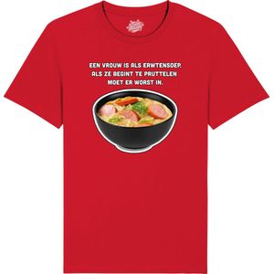 Een vrouw is als erwtensoep - Grappige Tekst Shirt - Mannen Vrouwen Unisex Kleding - Leuke Teksten - Verjaardag Cadeau Idee - Unisex T-Shirt - Rood - Maat S