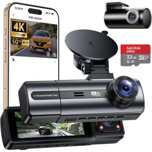 Dashcam voor auto - Gratis SD-Kaart 32 GB - Dashcam voor en achter - Wifi & GPS - Bedienbaar met App - Nachtzicht - Voor en Achter - Dashcam Wifi
