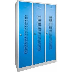 Garderobekast perfo deur met scheiding t.b.v. schoon/vuil indeling 180 hoog 120 breed 50 diep 3 deurs Blauw met hangoog sluiting (exl. hangslot) op pootje