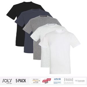 5 Pack Sol's Heren T-Shirt 100% biologisch katoen Ronde hals Zwart, Donker Grijs, Grijs / Lichtgrijs gemeleerd, wit Maat 4XL