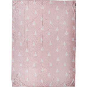 Clayre & Eef Plaid 130x170 cm Roze Wit Polyester Kerstbomen Deken