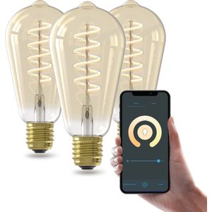Calex Slimme LED Lamp - Set van 3 stuks - E27 - Wifi Verlichting - Spiraal Filament - ST64 - Smart Lichtbron Goud - Dimbaar - Warm Wit licht - 7W