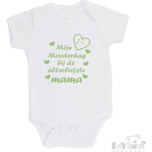 100% katoenen Romper ""Mijn 1ste moederdag bij de allerliefste mama"" Unisex Katoen Wit/sage green (saliegroen) Maat 62/68
