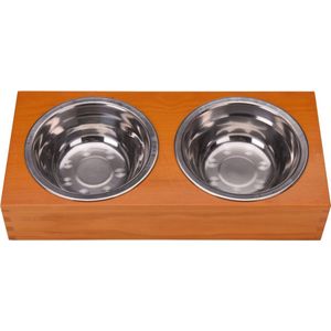 1x Set van voeder en drinkbakken in houten houder voor huisdieren - Voerbakjes - Waterbakjes