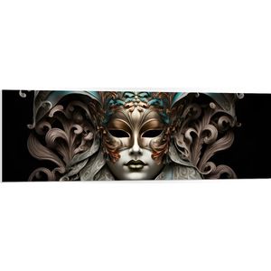 PVC Schuimplaat - Wit Venetiaanse carnavals Masker met Blauwe en Gouden Details tegen Zwarte Achtergrond - 120x40 cm Foto op PVC Schuimplaat (Met Ophangsysteem)