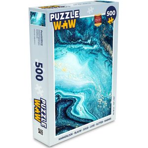 Puzzel Marmerlook - Blauw - Goud - Luxe - Glitter - Marmer print - Legpuzzel - Puzzel 500 stukjes