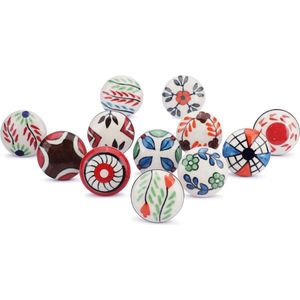 Keramische knoppen meerkleurig bedrukt - Set van 12 - Kastdeuren laden meubelgrepen - Keukenkasten badkamercommodes - Antiek keramiek - Decoratieve knoppen