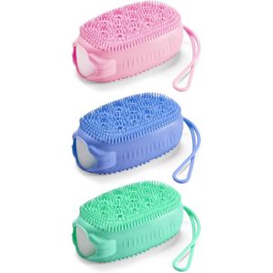Set van 3 - Blauw, Groen, Roze - Siliconen Doucheborstel - Doucheborstel - Exfoliërende Doucheborstel - Silicone Dubbelzijdige Doucheborstel - Zachte Douche Luffaborstel voor Kinderen en Volwassenen
