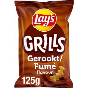 LAYS GRILLS 125G - chips geribbeld baconsmaak - displaydoos 20 x 125g grote zakken chips grills