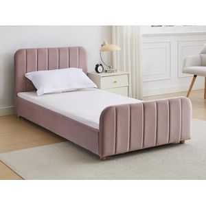 Vente-unique Bed 90 x 190 cm - Velours met verticale stiksels - Roze - ROGADI L 97 cm x H 80 cm x D 201 cm