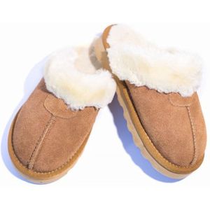 WARME DAMES SLOFFEN-38 / Gevoerde Pantoffels met antislipzool / Instappers Bruin - 38 (6095439121192)
