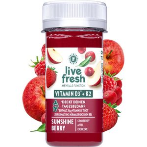 LiveFresh shot met vitamine D3 K2 – koudgeperste fruitshots zonder toevoegingen – gemaakt met cranberry, appel en aardbei – Sunshine Berry – 8x60ml
