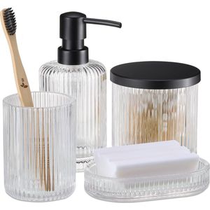 Navaris glazen badkamer accessoires set - Zeepdispenser, zeepbakje, beker en glazen pot met deksel - Transparant/zwart