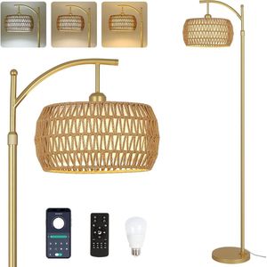 Gouden Vloerlamp Woonkamer - Dimbare Rotan Vloerlamp - Boho Stijl - Inclusief Gloeilamp