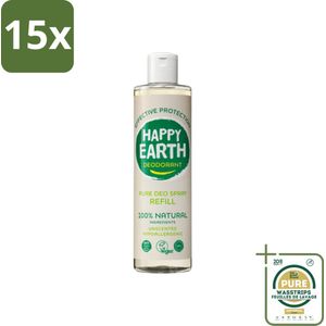 15 x Happy Earth – Deodorant Spray Navulling – 100% Natuurlijk Unscented – 300 ml - Grootverpakking - Natuurlijke Deodorant - Geurloze Deodorant - Hypoallergene Deodorant - Biologische Deodorant - Deodorant Spray