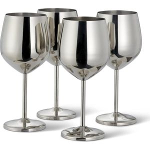 4 Elegante Zilveren Wijnglazen Gemaakt van Roestvrij Staal, 500 ml - Onbreekbaar Kelkglas Cadeauset, voor Bruiloften, Jubileum, Verjaardagsfeest