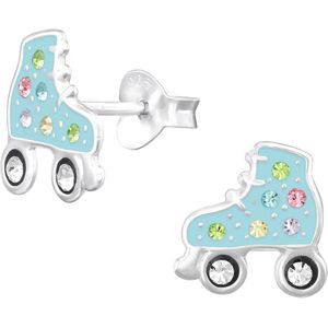 Joy|S - Zilveren rolschaats oorbellen - rollerskates - 9.5 mm - blauw met pastel kleur kristalletjes - kinderoorbellen