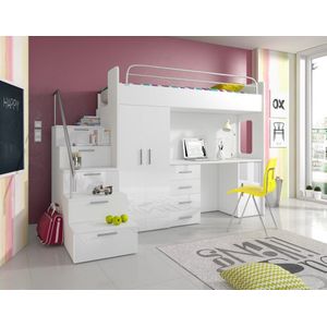 Raj 4S jeugdset - wit/wit glans - bureau - kledingkast - Stapelbed - bed 80 x 200 cm -Maxi Maja