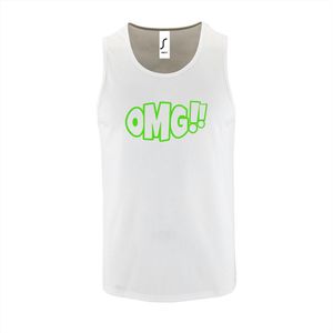 Witte Tanktop sportshirt met ""OMG!' (O my God)"" Print Neon Groen Size L