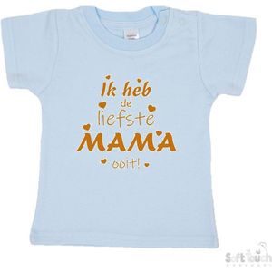 Soft Touch T-shirt Shirtje Korte mouw ""Ik heb de liefste mama ooit!"" Unisex Katoen Blauw/tan Maat 62/68