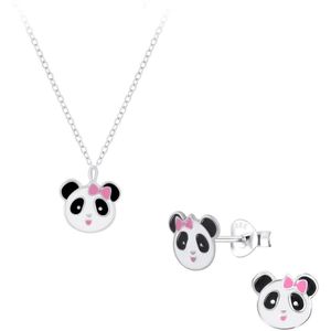 Zilveren panda kinderoorbellen en ketting | panda oorknopjes Meisje Zilver | kinderketting panda | kindersetje oorstekers ketting | Zilverana | Sterling 925 Silver