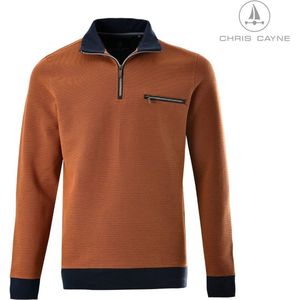 Chris Cayne heren sweatshirt - maat L - structuur stof - met borstzak - Katoen/Polyester/Elastaan - pompoen kleur afgezet met donkerblauw - met lichte stretch