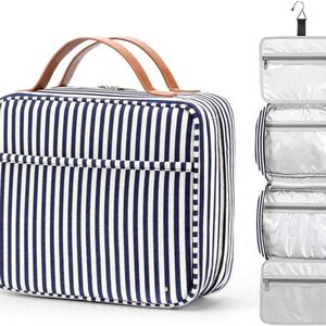 Toilettas, om op te hangen, grote capaciteit, waterdichte make-uptas, make-up-organizer met 4 vakken en 1 stevige haak, voor dames en heren, Navy Blue & White Striped, Large