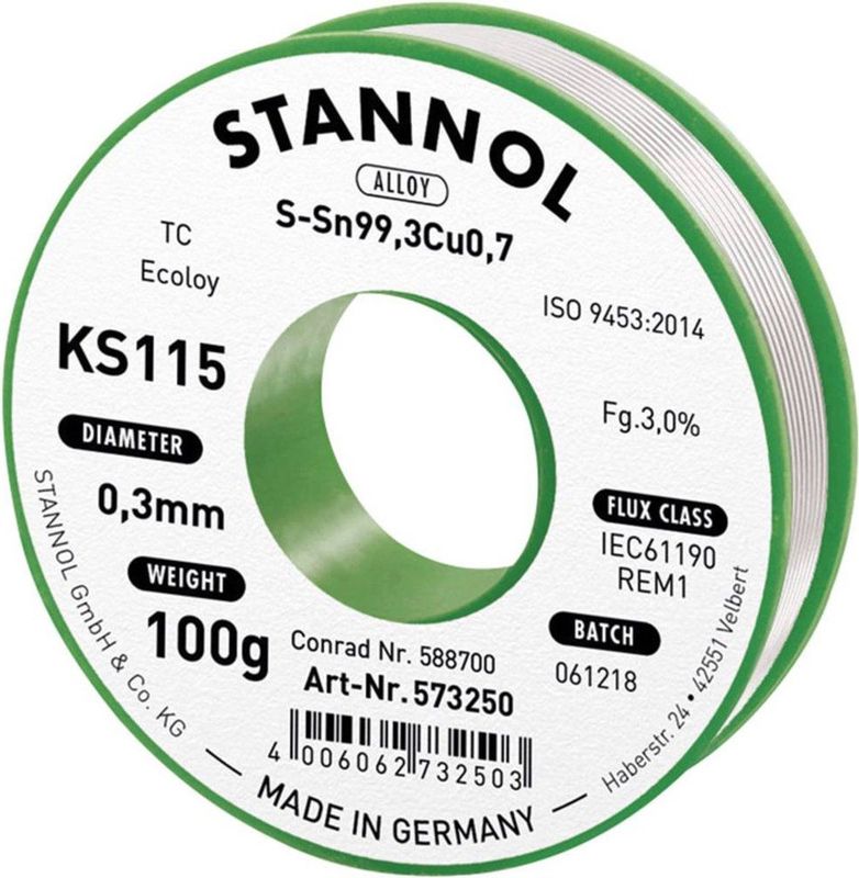 Stannol KS115 Soldeertin, loodvrij Spoel Sn99,3Cu0,7 ROM1 100 g 0.3 mm