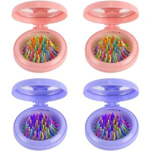 TheLau - Set van 2 opvouwbare ronde haarborstels met spiegel - Varkenshaar reisborstelset - Compacte massagekam voor vrouwen - Roze en paars