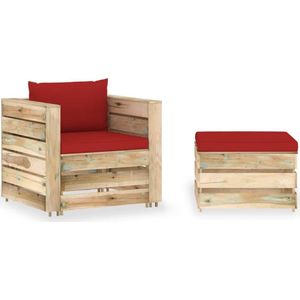 The Living Store Pallet Loungeset - Tuinmeubelset van geïmpregneerd grenenhout - Rode kussens - Modulair design - 60x62x37cm tafel/voetenbank - 77x70x66cm eenzitsbank