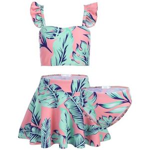 Meisjes 3-delige Bikiniset met Ruches en Rok – Zeemeermin en Bloemenpatroon – Badmode voor Kinderen 5-12 Jaar