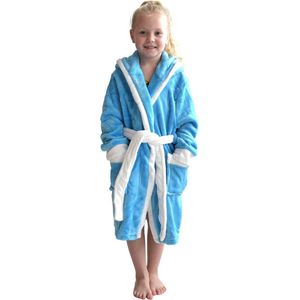 Badjas capuchon aqua blauw - fleece badjas kind - ochtendjas kind - warm & zacht - meisje & jongen - Badrock - maat (7-8jaar) 122-128