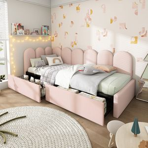 Gutent Kinderbed (Zonder matras), Opbergbed met laden, Velours daybed, 90x200 cm, met Lattenbodem, Roze