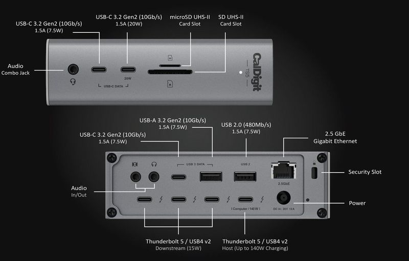 CalDigit - TS5 - Thunderbolt 5 Docking - 140W - 15 Poorten - Ondersteuning voor Drie Beeldschermen