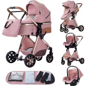 J&R Kinderwagen 3 in 1 - Kinderwagen - Wandelwagen - Combi kinderwagen - Bedje - Buggy - Autostoel - Opvouwbaar - Aluminium frame - Roze - Goud - Bruin