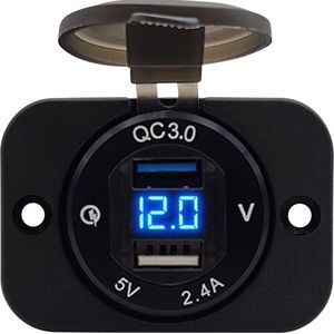 ProRide 12V USB Stopcontact 2 Poorten Inbouw met Voltmeter - 5V/2.4A - DS2114B - USB Autolader, Boot en Camper - Complete set - Blauw