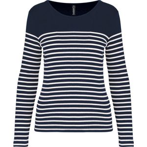 T-shirt Dames XL Kariban Ronde hals Lange mouw Navy / White Stripes 100% Katoen