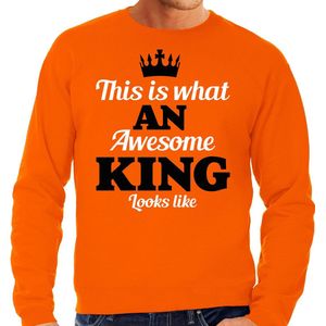 Bellatio Decorations Koningsdag sweater voor heren - awesome King - oranje - feestkleding XL