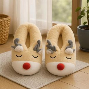 Kerst Sloffen - Rendier - Zacht - Dames - Beige