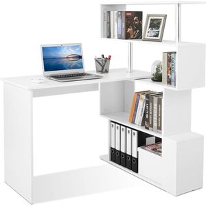 Computertafel L-vormig, hoekbureau, met 360 graden draaibare boekenkast voor werkkamer, woonkamer, kantoor, 157 x 45 x 130,5 cm, wit