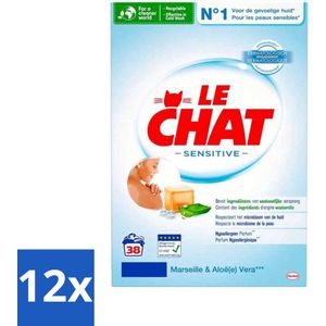 12 x Le Chat Sensitive - Waspoeder - Witte en Gekleurde Was - Marseille & Aloë Vera - 38 Wasbeurten - Waspoeder - Hypoallergeen - Gevoelige Huid - Babywas - Marseille Zeep