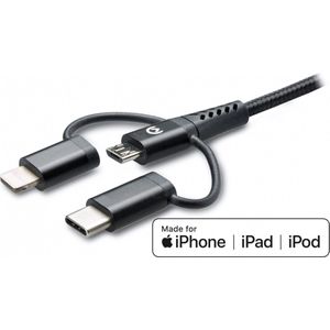 Mobilize 3in1 Nylon USB-A naar Apple Lightning / Micro USB / USB-C Kabel MFI 1.5 Meter - Zwart