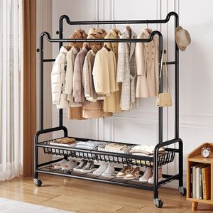 Eleganca Kledingrek XXL op wieltjes - B150 x H170 x D45 cm - Kledingrek metaal - Garderoberek met ruimte voor schoenen - Kledingrek dubbel - Zwart