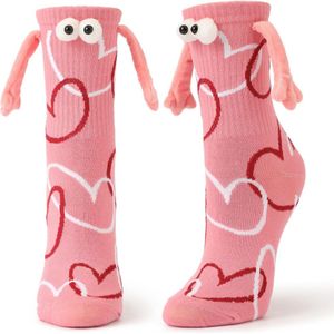 Liefde Sokken die Handjes vasthouden met Magneet - Roze met Hartjes - Dames/Kinderen maat 35-40