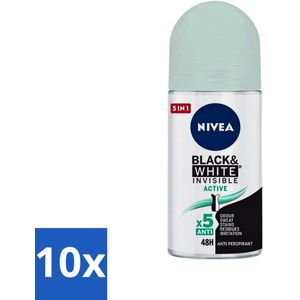 Nivea - Deodorant - Roller - Black & White Invisible - Active - 50 ml - Bulkverpakking - 10 stuks