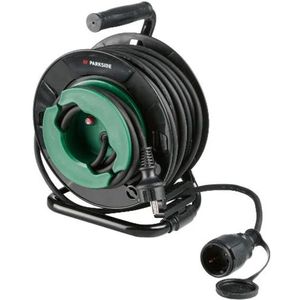PARKSIDE® Kabelhaspel 25 m - Belasting: max. 3500 W - Spatwaterdicht (IP44) - Stevig stalen buizenframe met ergonomische handgreep - Met praktische kabelclip - Met kabelgeleiding
