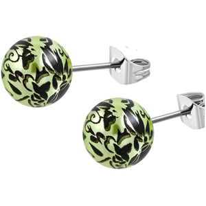 Aramat jewels ® - Pareloorbellen bloem groen zwart parel staal 5.7mm